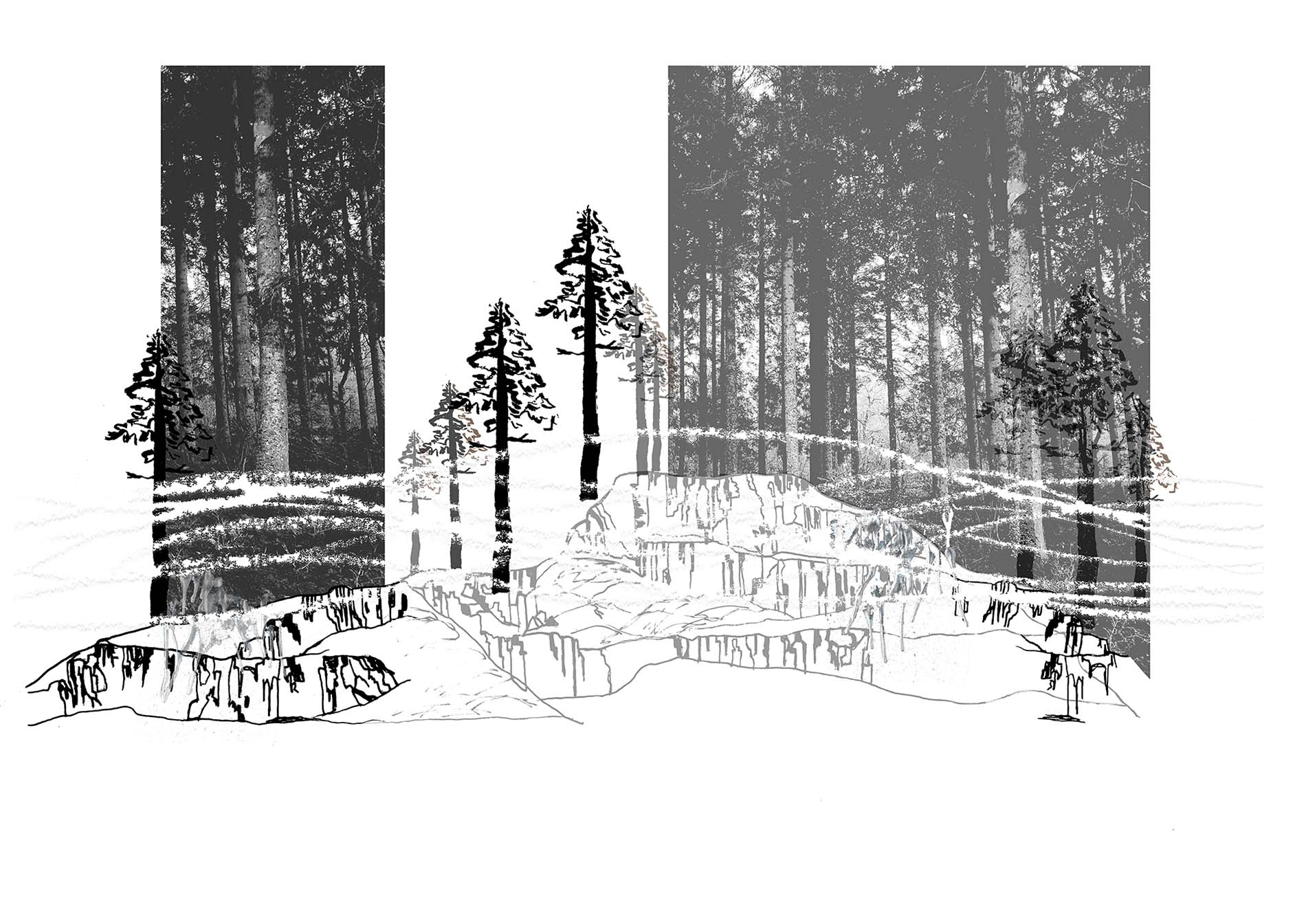 Layered Drawing of quarry eroded by wind and rain 