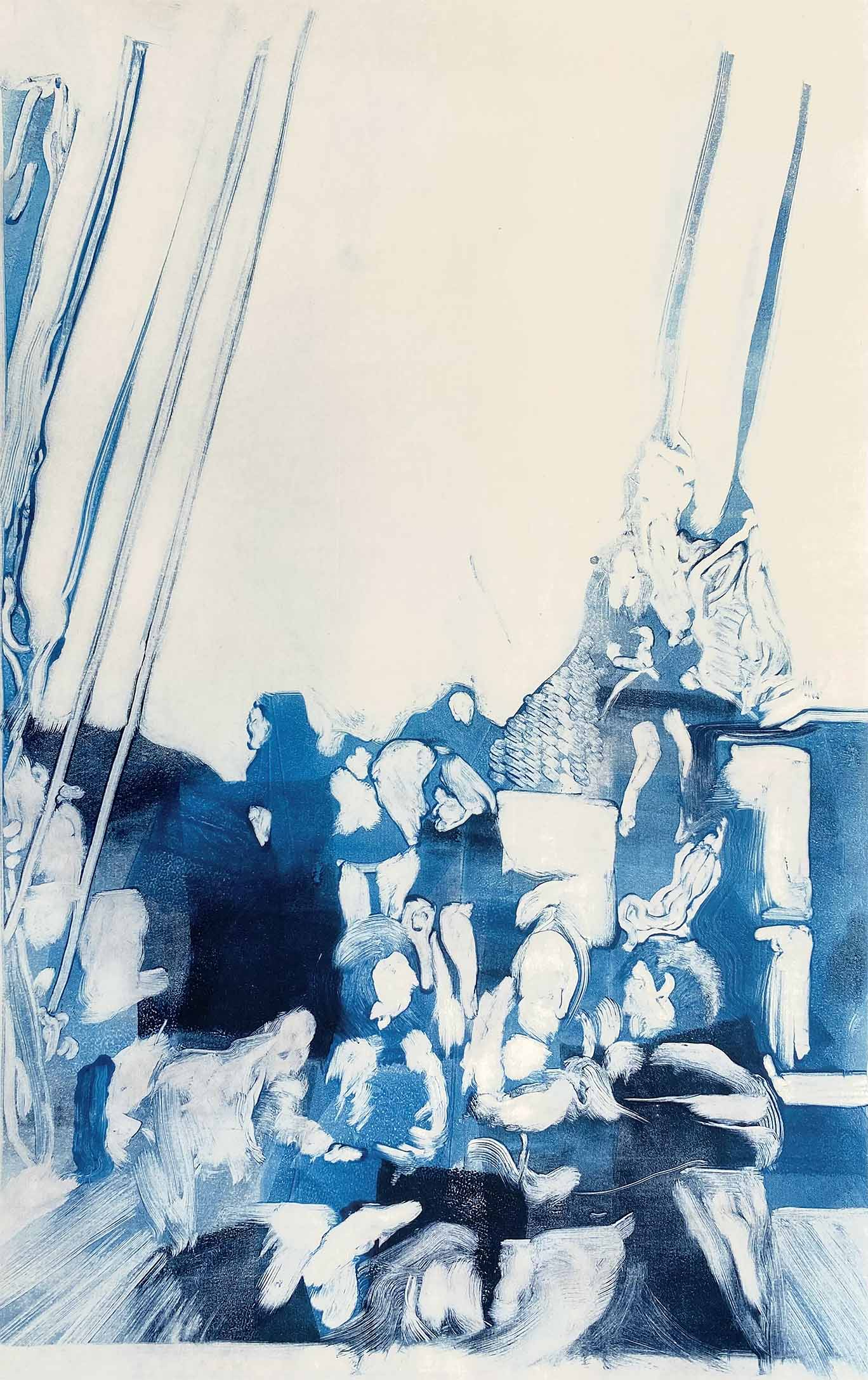 Blue monotype print of a group of young people on the deck of a gaff rigged boat