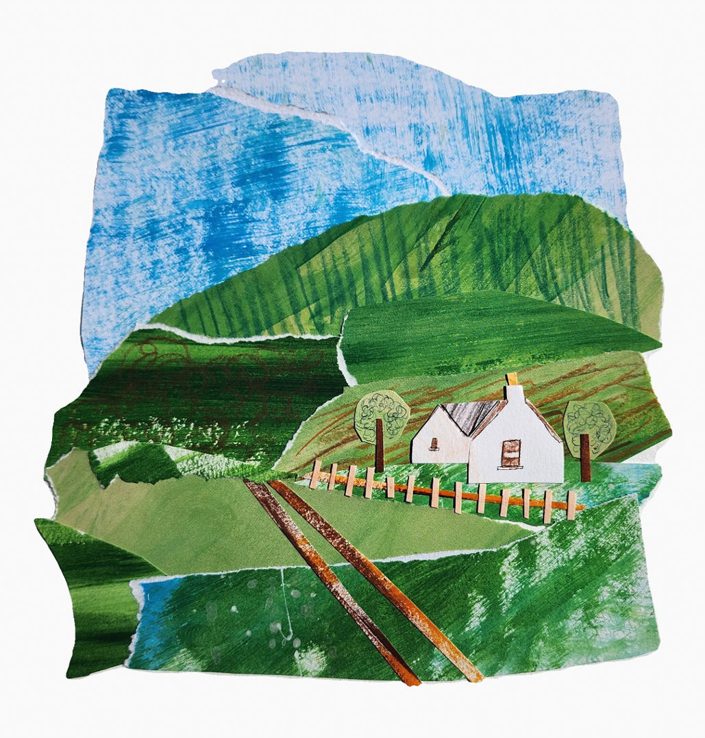 paper collage of a lone house on a hillside