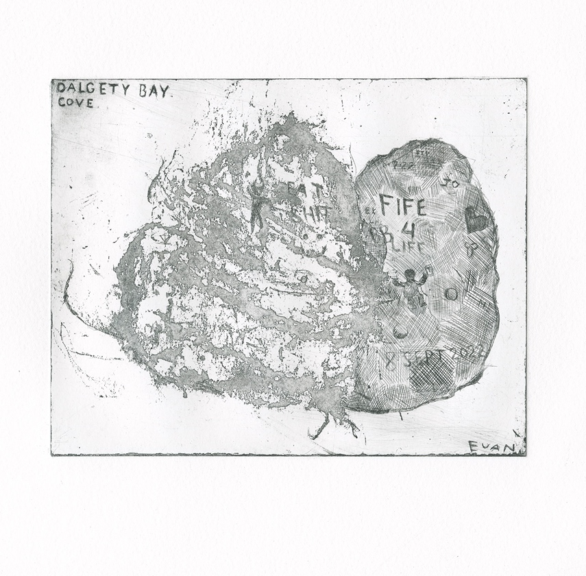 Intaglio etching of a rock rubbing with additional hand etched detail. The main rock is shadowed with a hand-etched copy featuring graffiti of various intials, dates and icons.