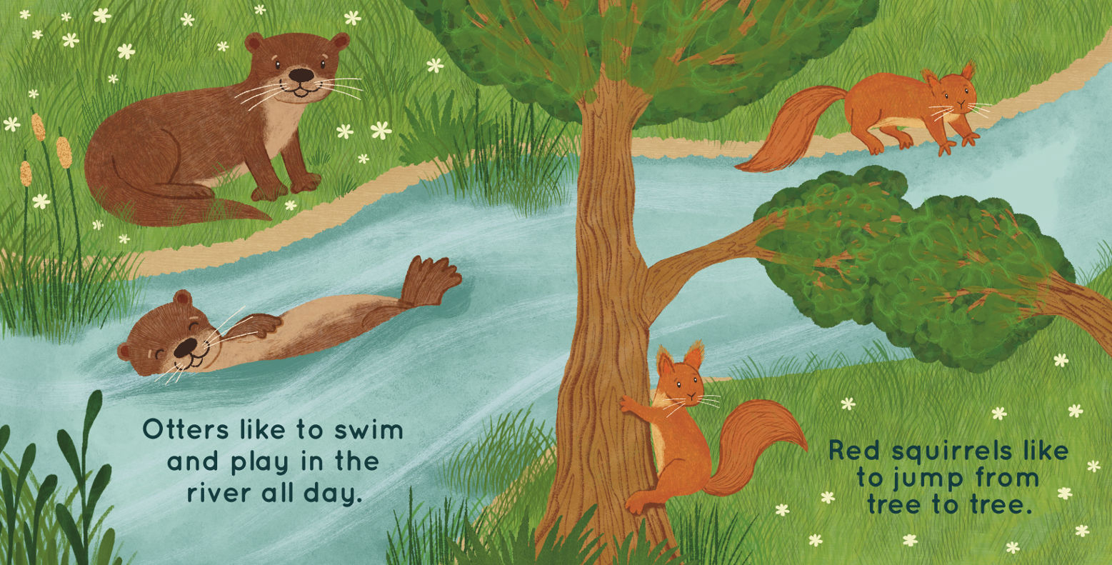 double page spread from a baby book of otters and squirrels