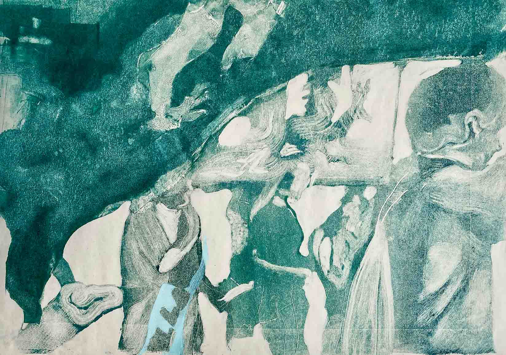 Green monotype print of a group of young people during a parade