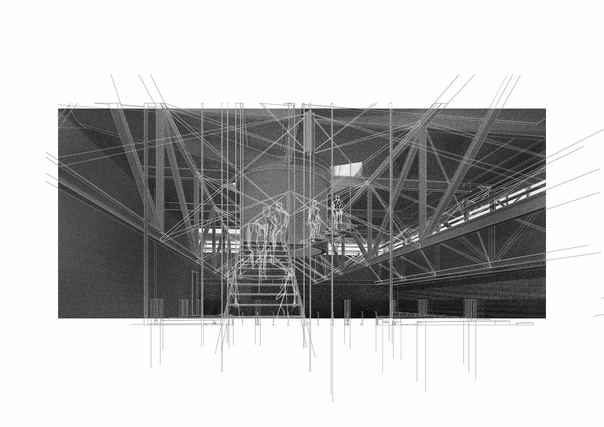 Interior render of the suspended bridge: tranversing the liminal of the old and new structure