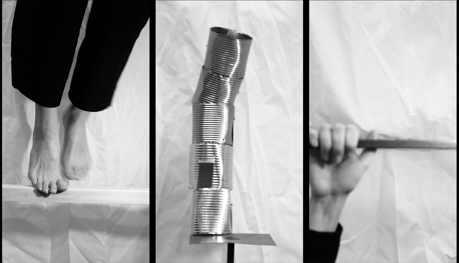 stills from a film, showing three images, from left to right: stumbling feet, stumbling tower, hand holding on to a bar