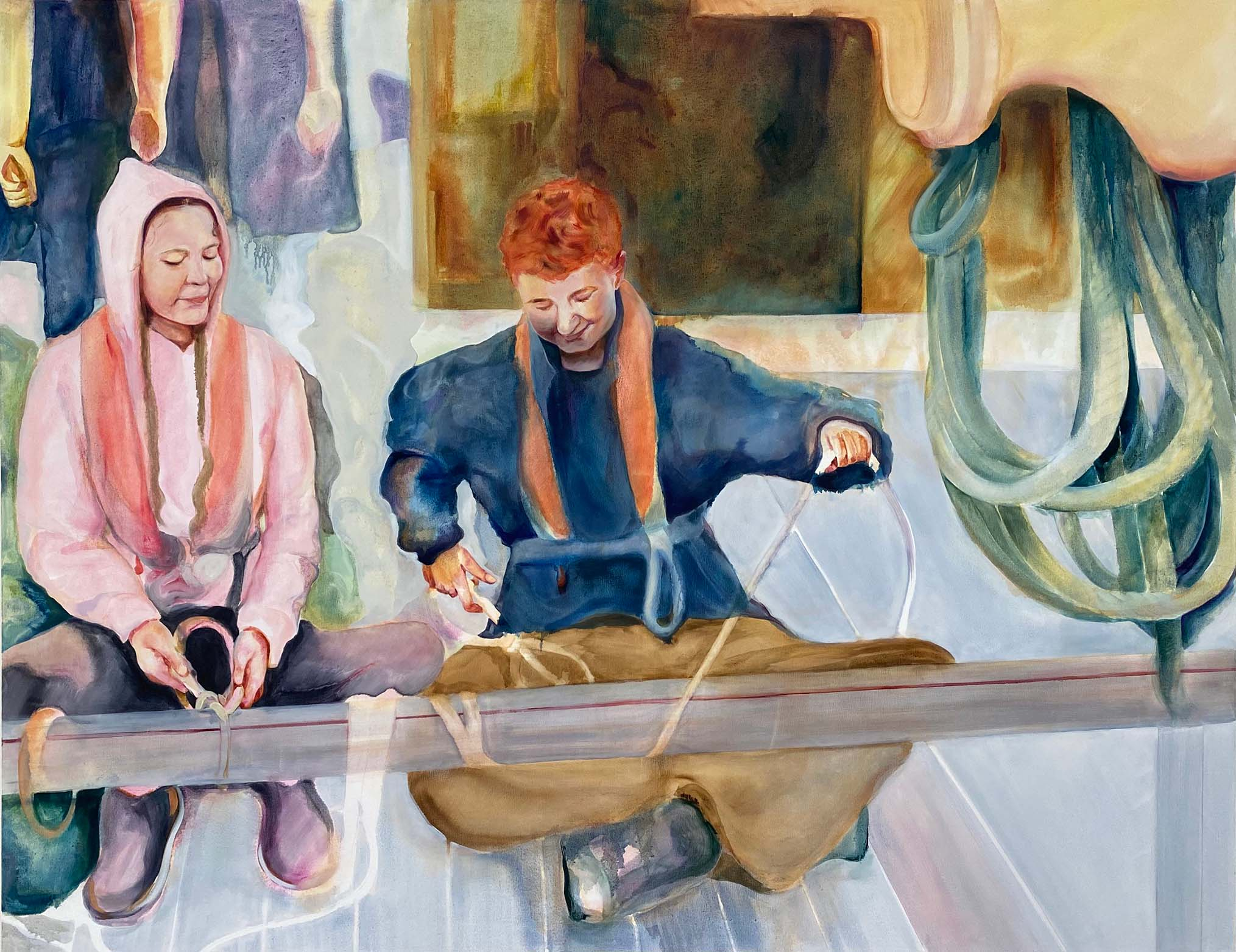 Oil painting of two young people tying knots