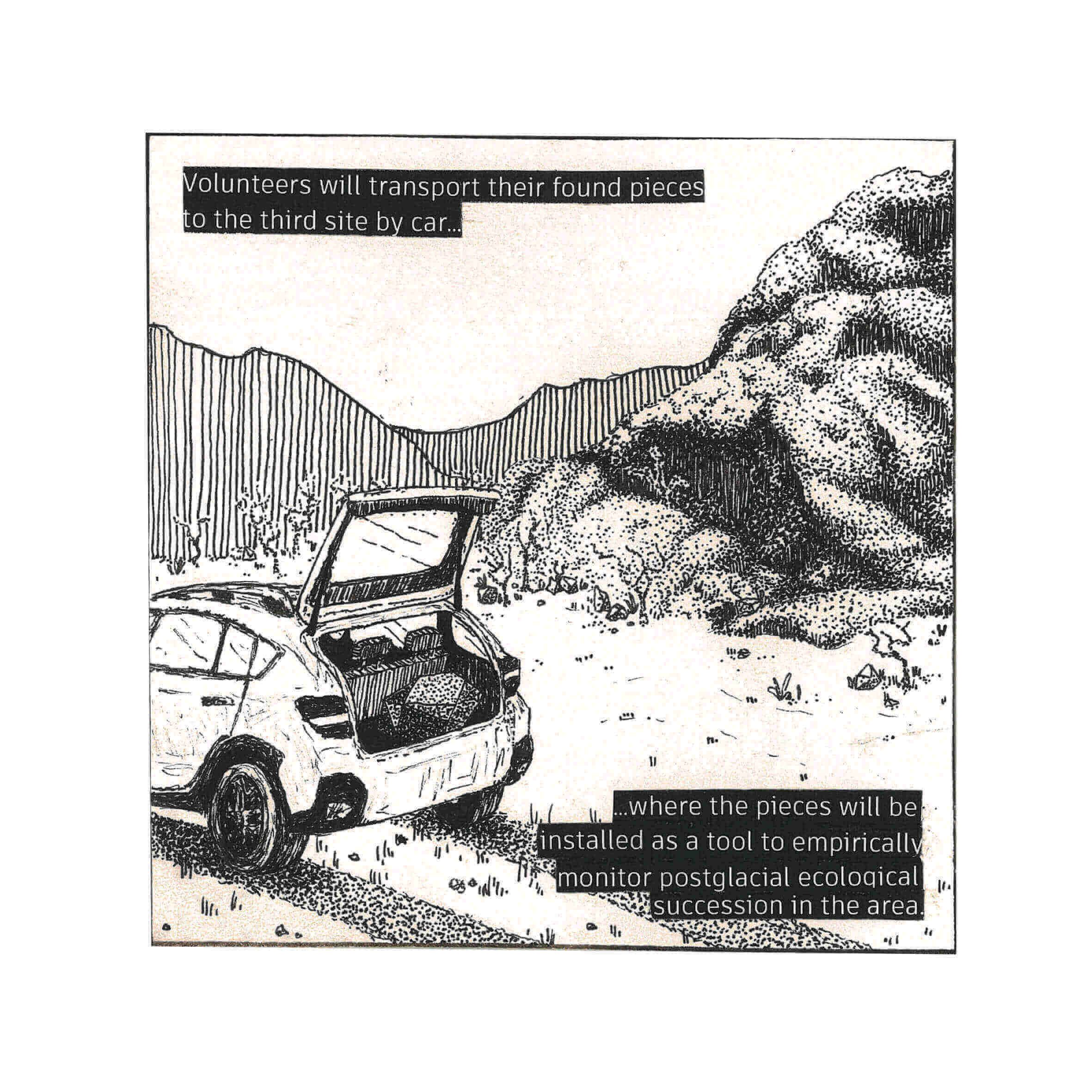 Community-led transport of broken pieces to Site 3 -- a space of post-glacial ecological succession.