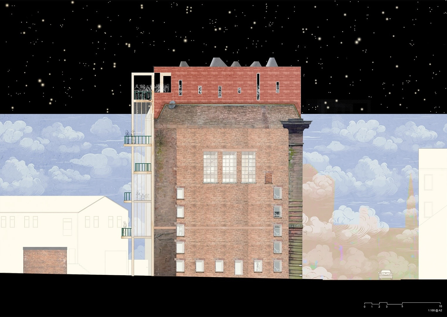 Drawing showing elevation in context, original masonry wall with glulam frame with polycarbonate on the left, on the top a stone cladding rooftop extension.