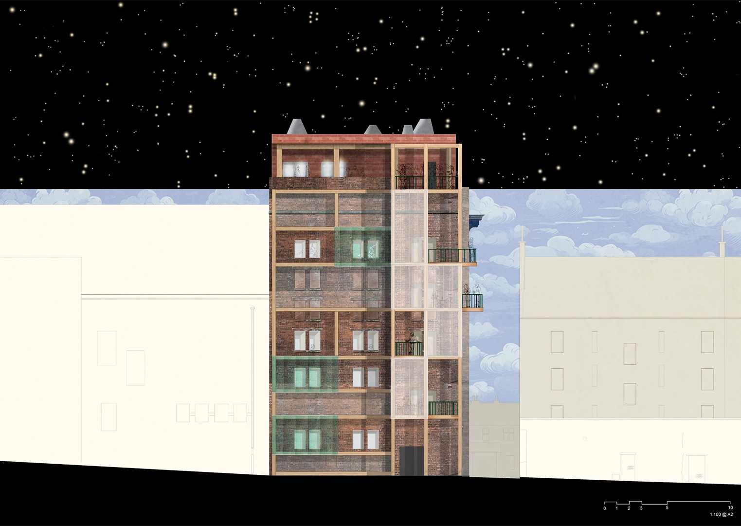 Elevation showing glulam frame with polycarbonate, glass and mesh at different places on top of masonry wall, with a stone clad rooftop extension.