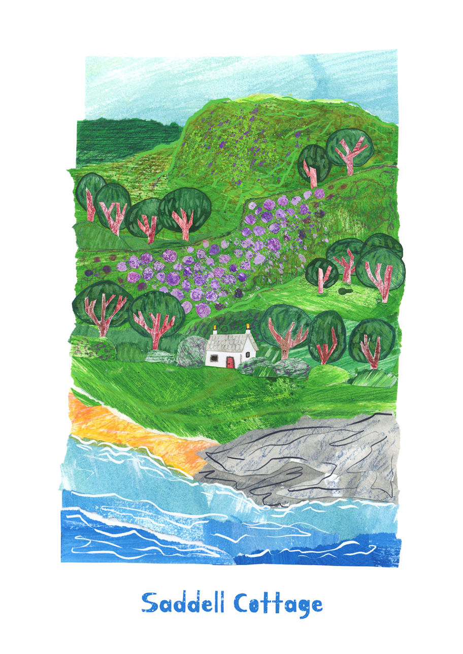 paper collage of a lone house next to a beach surrounded by trees