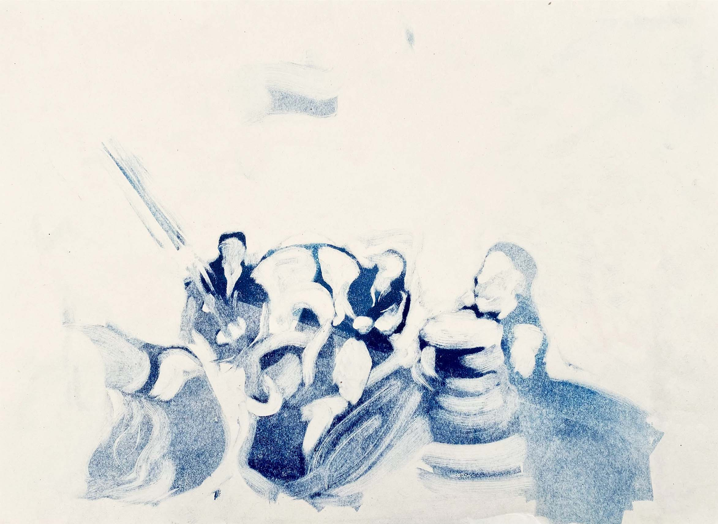 Blue monotype print of a group of young people sailing