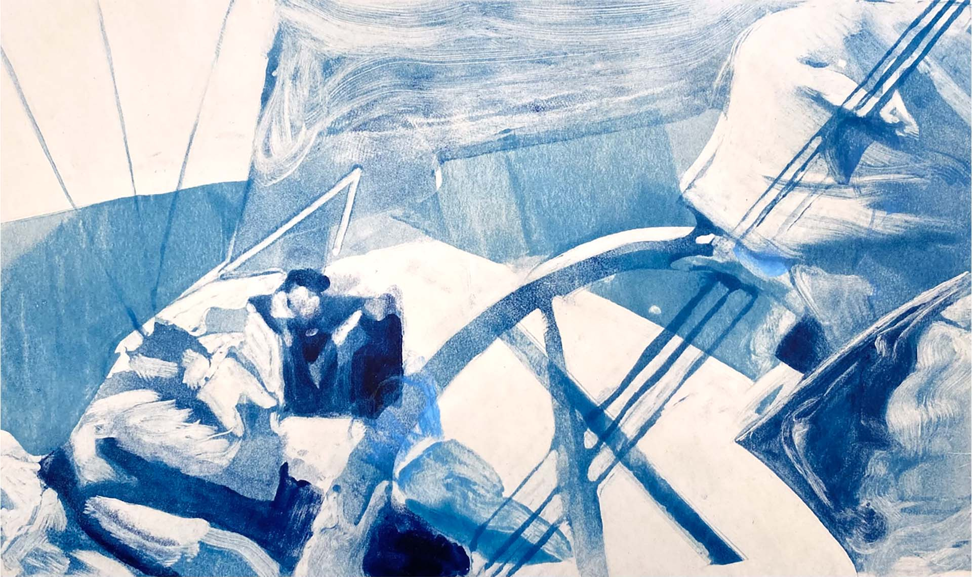 Blue monotype print of a group of young people sailing
