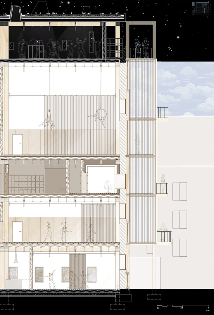 Section through building showing aerial studio, multi purpose studio, community hall, nightclub, music production studios, changing rooms, and glulam frame with polycarbonate in elevation.