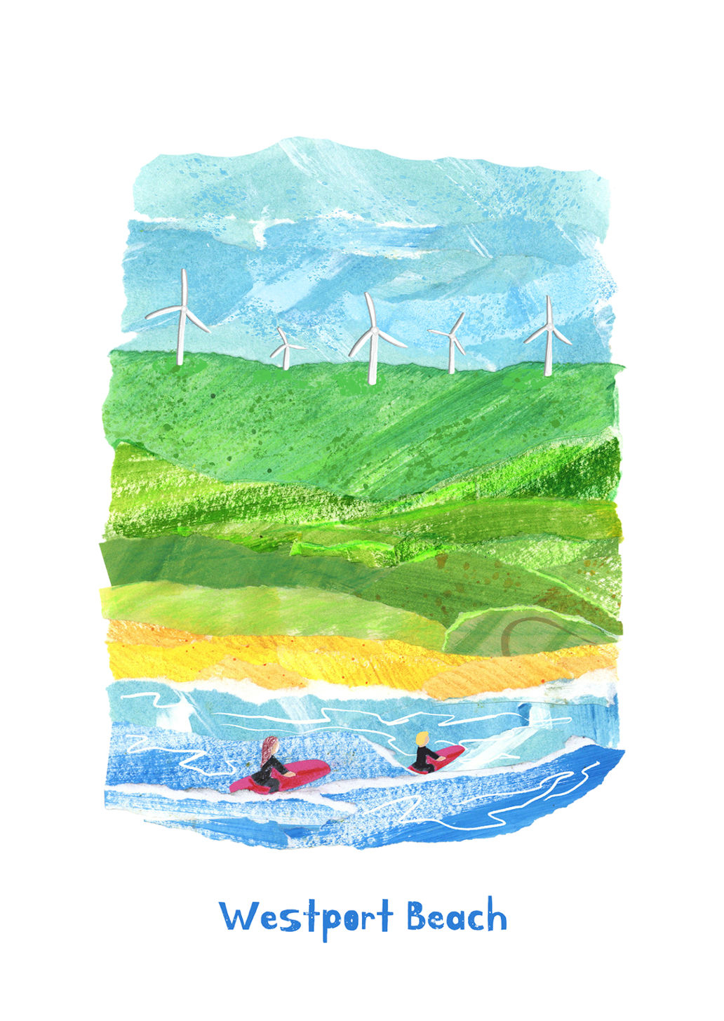 paper collage of surfers riding waves whilst wind turbines scatter the hillside behind