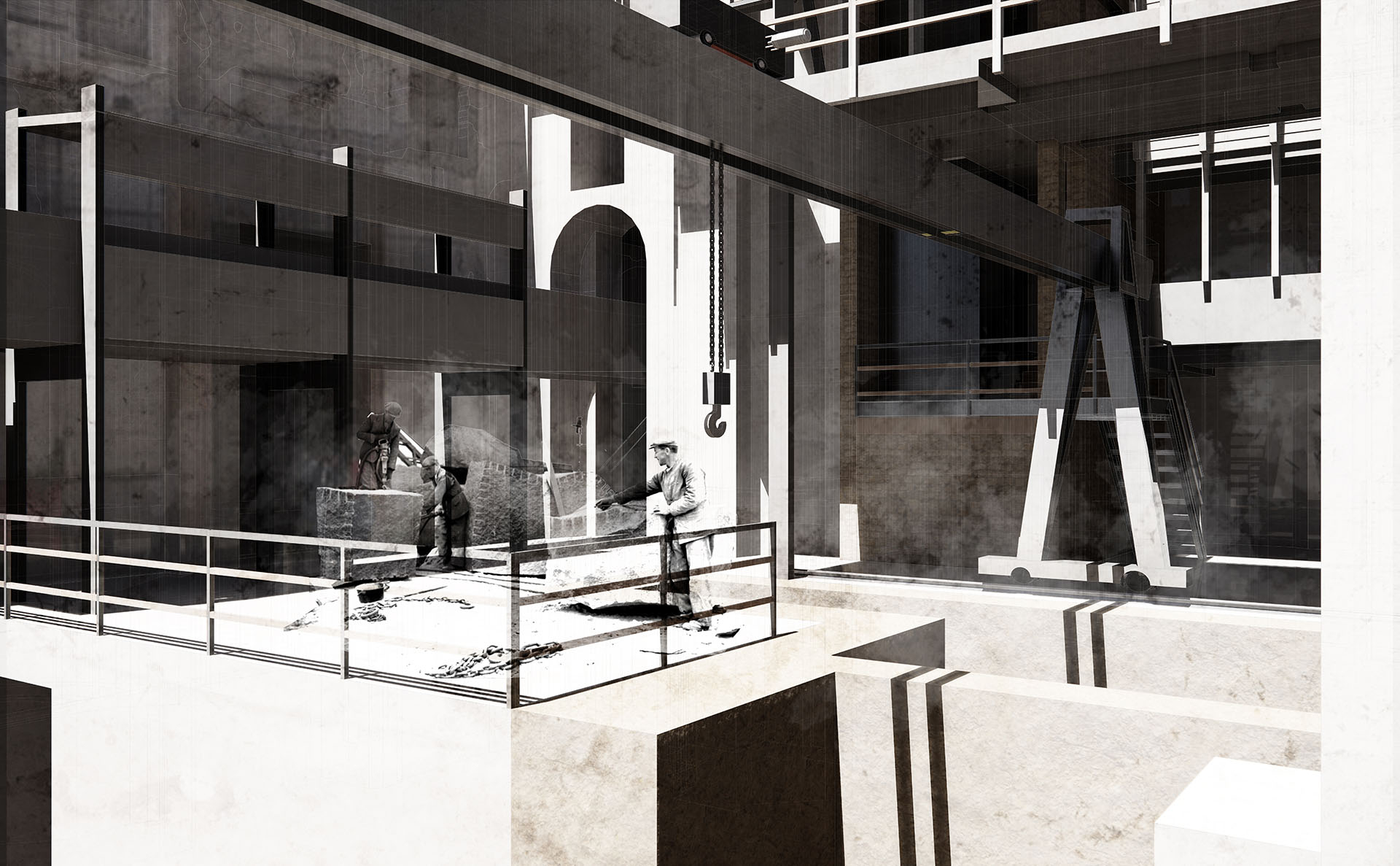 Stone Masons Yard - perspective view of stone cutting yard