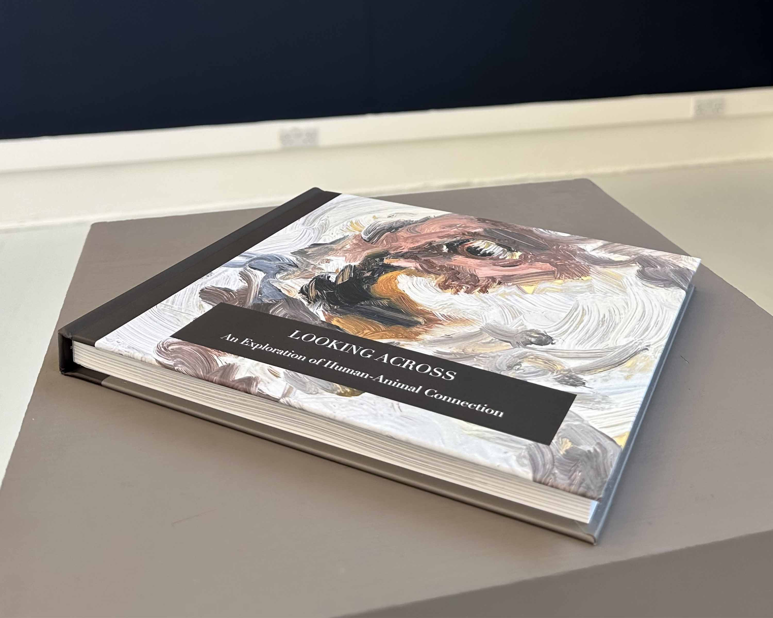 book, Looking Across, on brown plinth