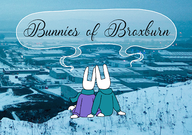 Title: Bunnies of Broxburn, a picture taken from the top of a snowy hill over looking Broxburn, two illustrated bunnies sit looking out at the town