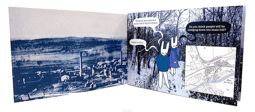 Left page a blue archival photo of Broxburn Oil Works, Right page two bunnies begin a walk in the snowy forest and talk about the towns history