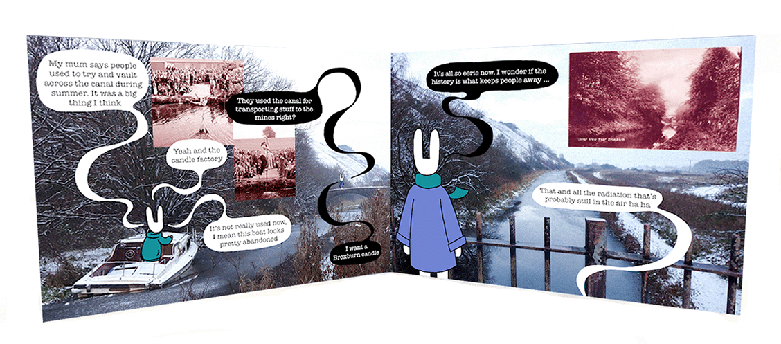 Two bunnies walk down Union Canal in Broxburn discussing its history with collaged archival images