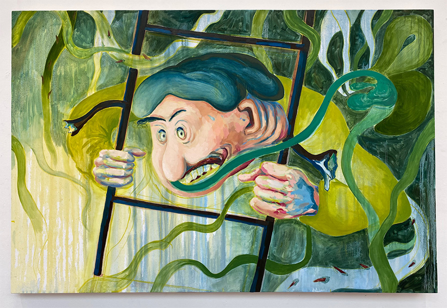 Image is of a cartoon-like figure whose head is inbetween two rungs of a ladder. The figure is trapped and grimacing with a green pipe in his teeth. 