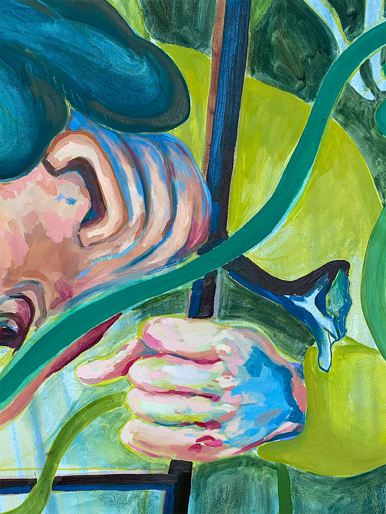 Close up of Chomping up the wrong tree, painted hand on ladder.