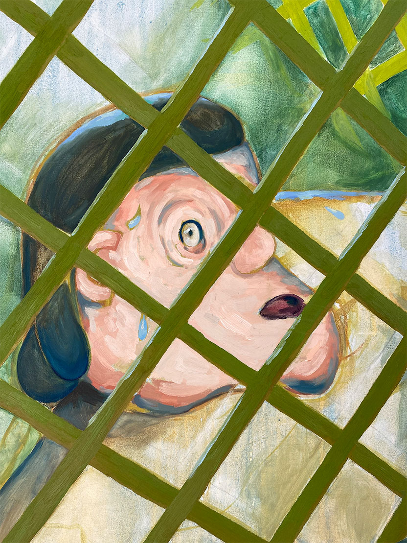 Close up of scrumping figure