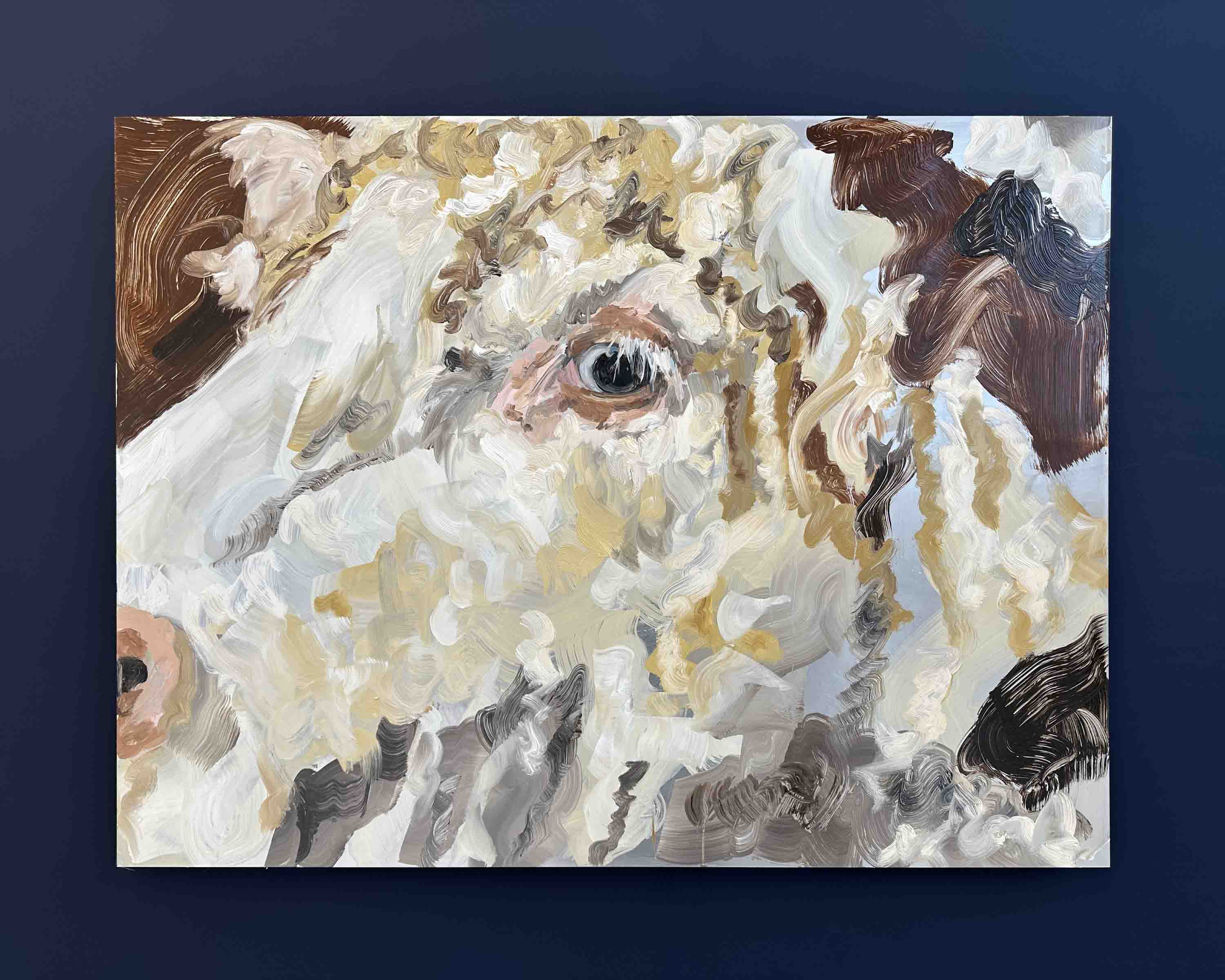close up painting of cow on aluminium panel on blue wall