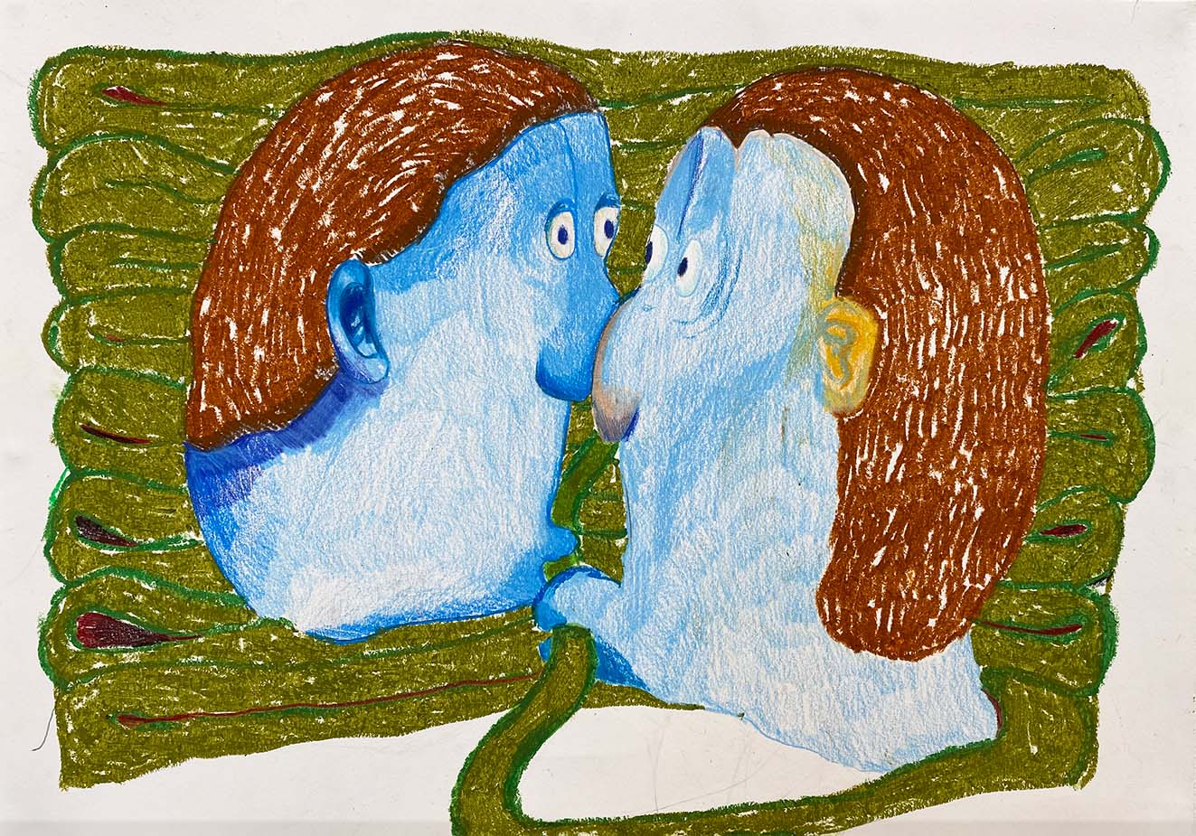 drawing of two blue blobby heads facing each other with a green pipe in their mouth which they're surrounded by.