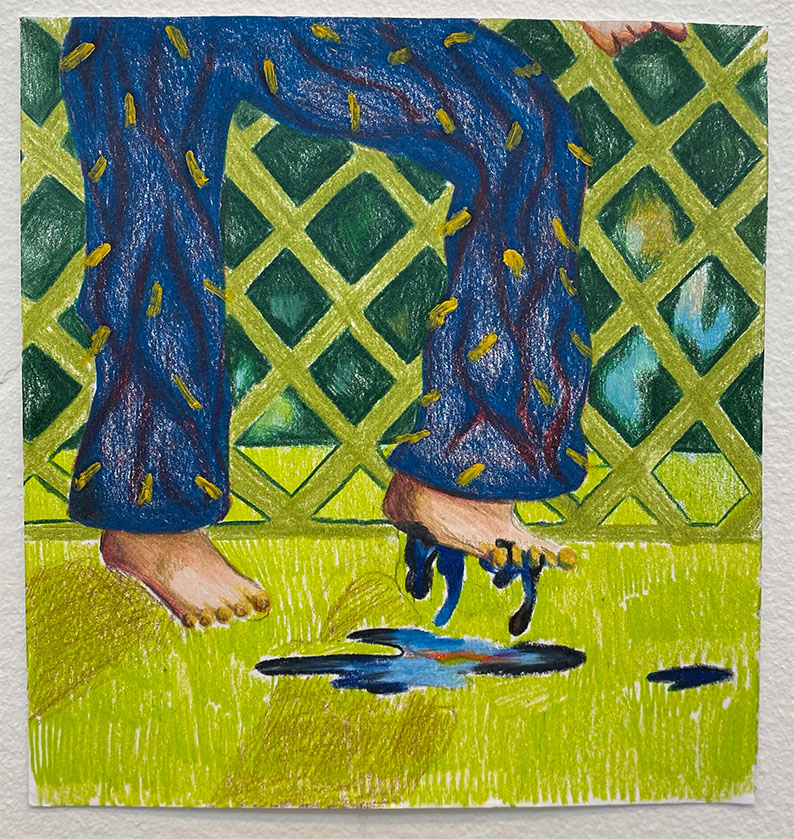 Image of a drawing legs climbing over a garden trellis and standing in a peculiar goo. 