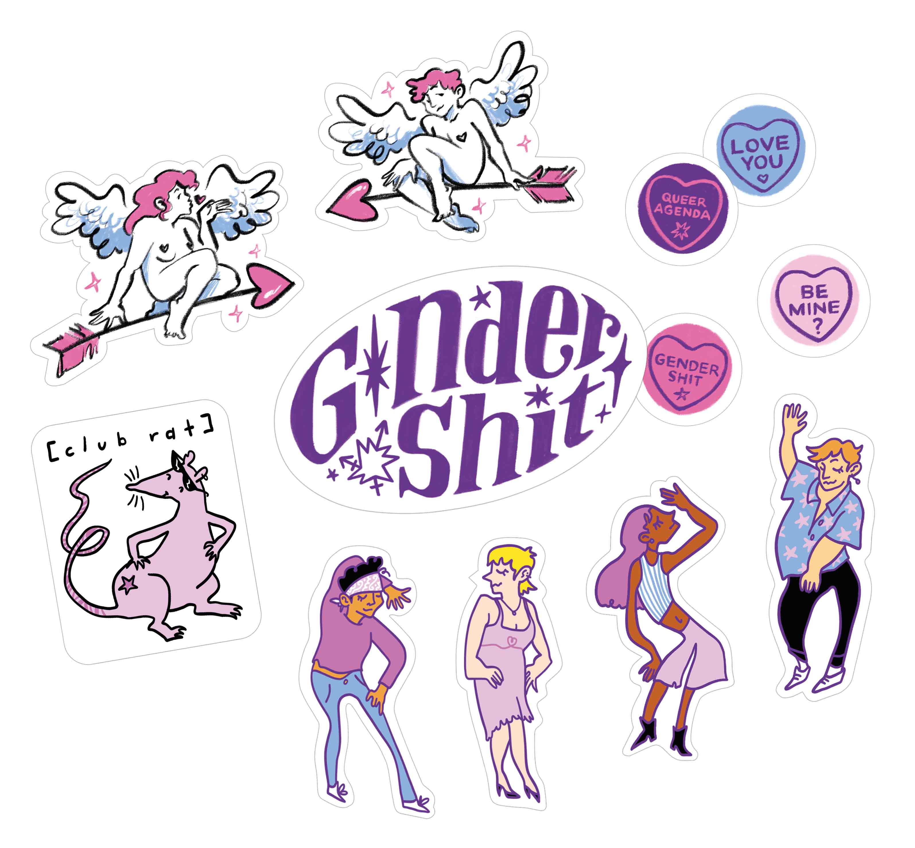 Sticker designs in purple, pink and blue