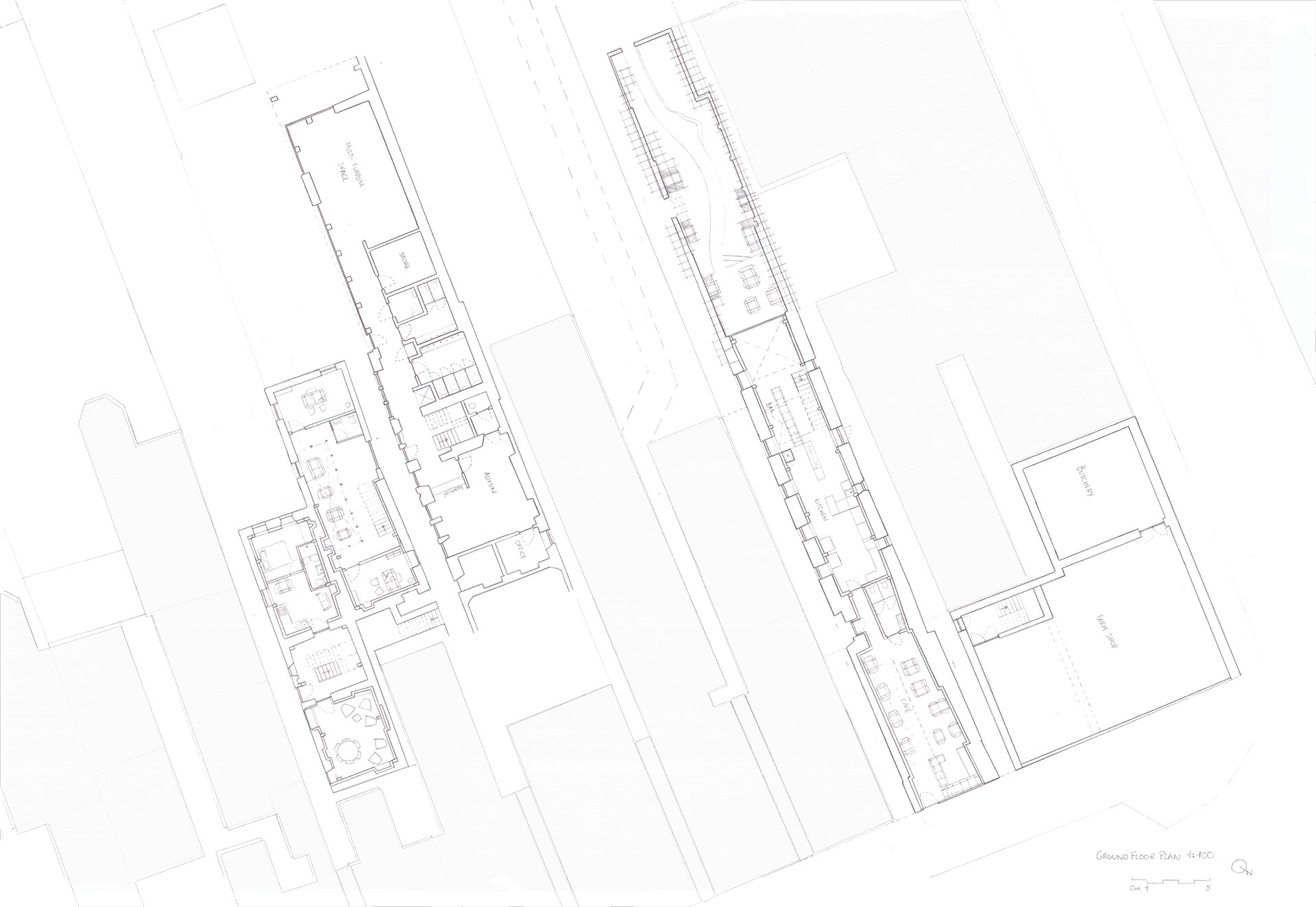 Ground floor plan of proposal. Scale 1:100