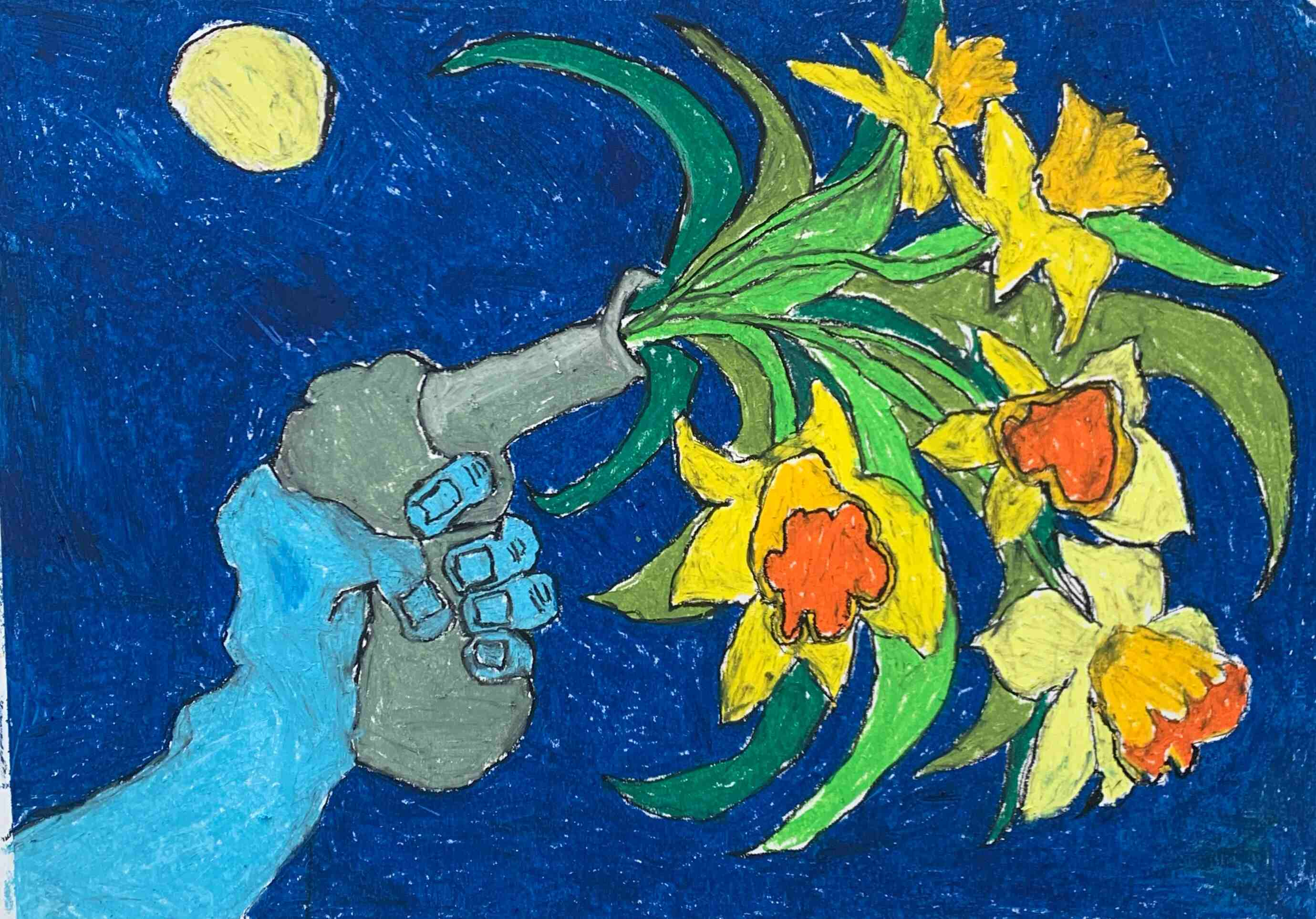Blue hand holds gun shooting flowers in the night sky