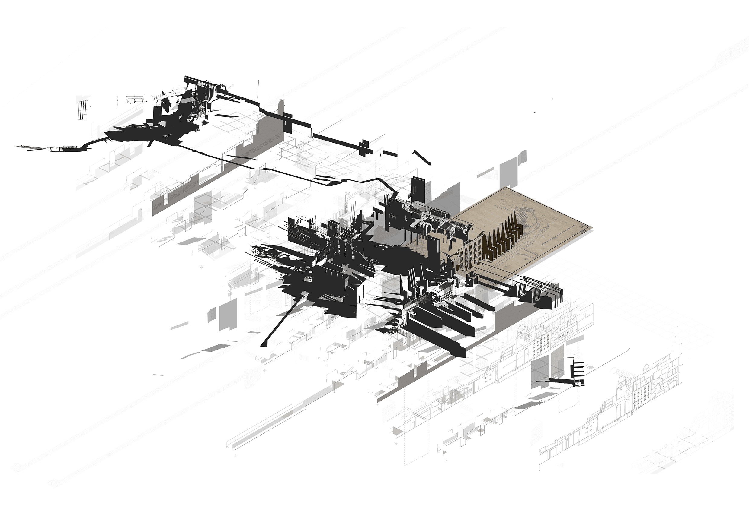 Scale B, 1-1,000 - Axonometric Sectional Study from North West