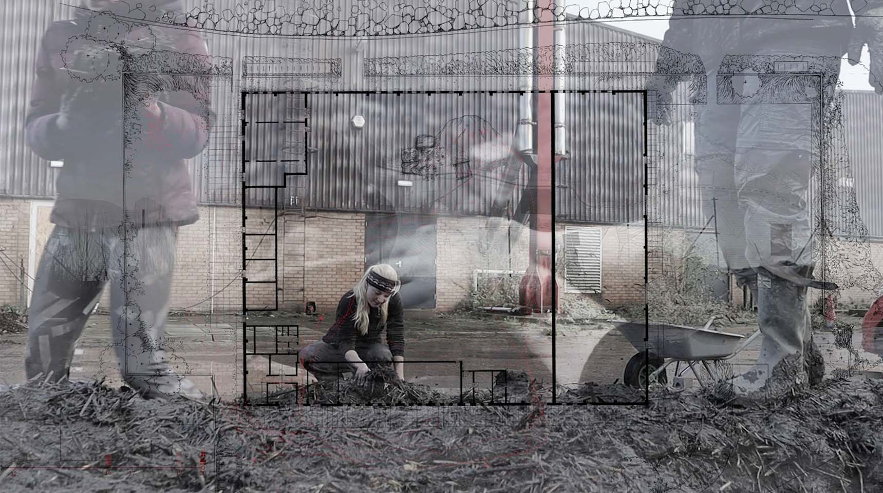 a blue print of the warehouse site frames overlaid images and photographs of building - stomping on the earth, forming mass earth,  mixing.