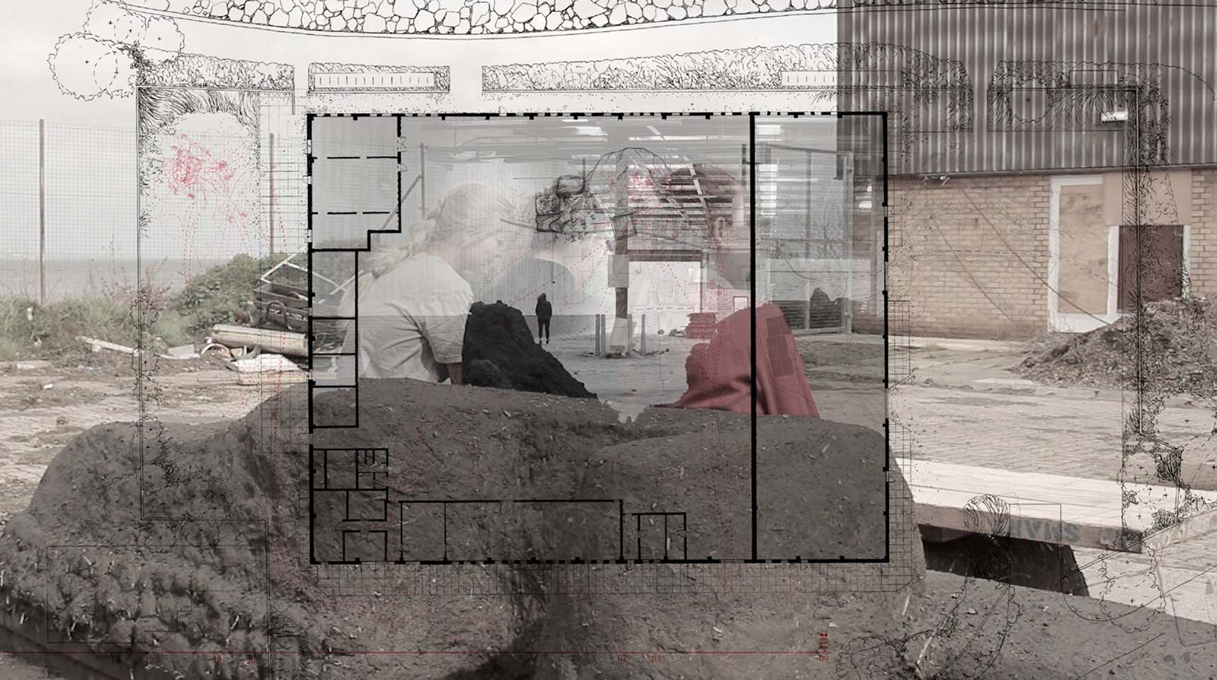 a blue print of the warehouse site frames a photograph of three people sitting on the Cobb looking towards the see and the new Granton bakery
