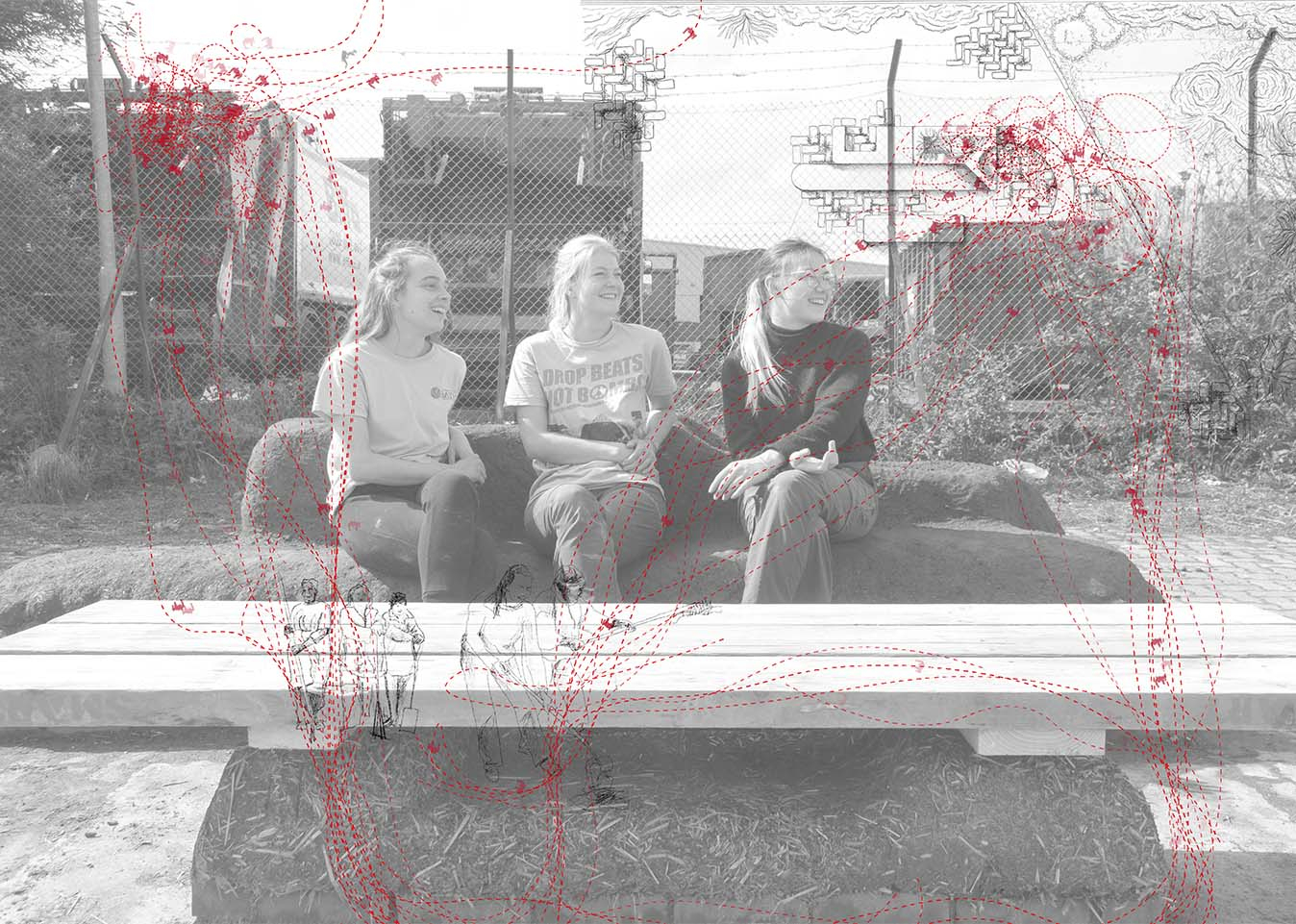 Jess, Nat and Eleanor sit on the Cobb and overlaid on the image is a drawing that maps all the movements and energies that took place during the whole build