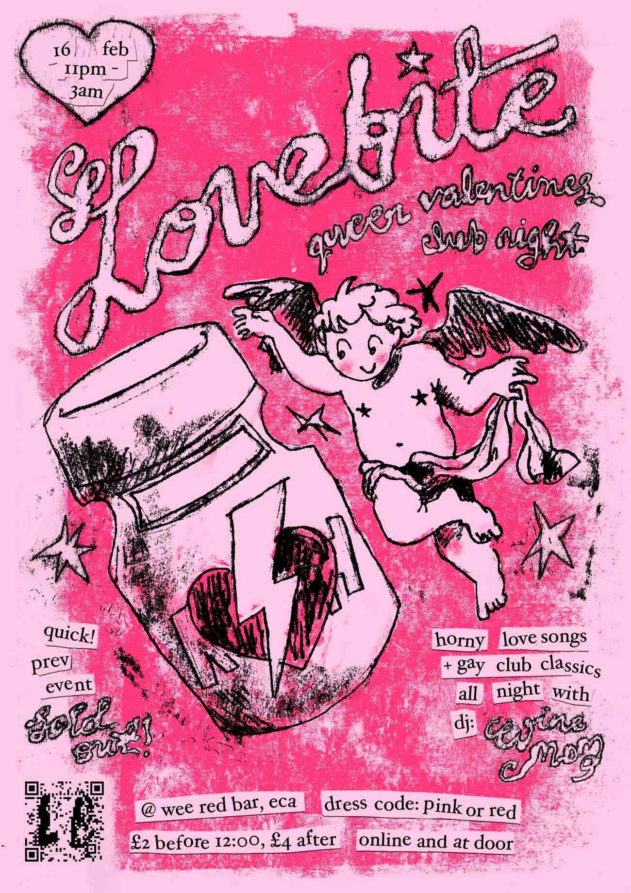 A poster for a queer Valentines Day themed club night, in various shades of pink. The text is a mix of collaged serif text and monoprinted swirly script typeface, handlettered. In the middle of the page is a cherub flying alongside a massive bottle of poppers. The illustration is also monoprinted.