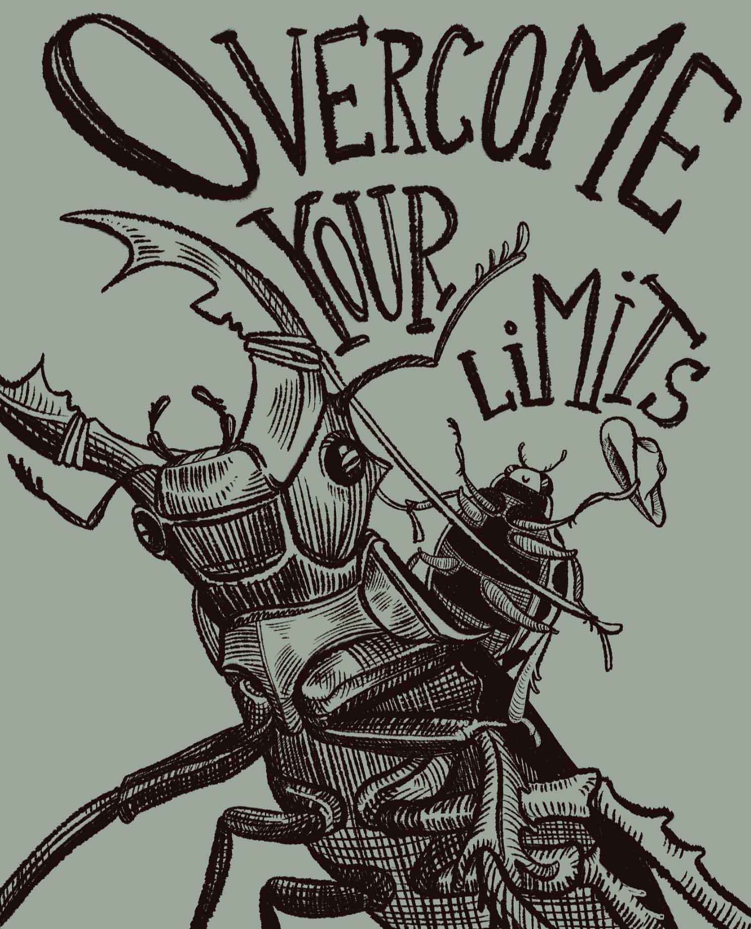 a ladybug riding a beetle with a text above saying 'overcome your limits'