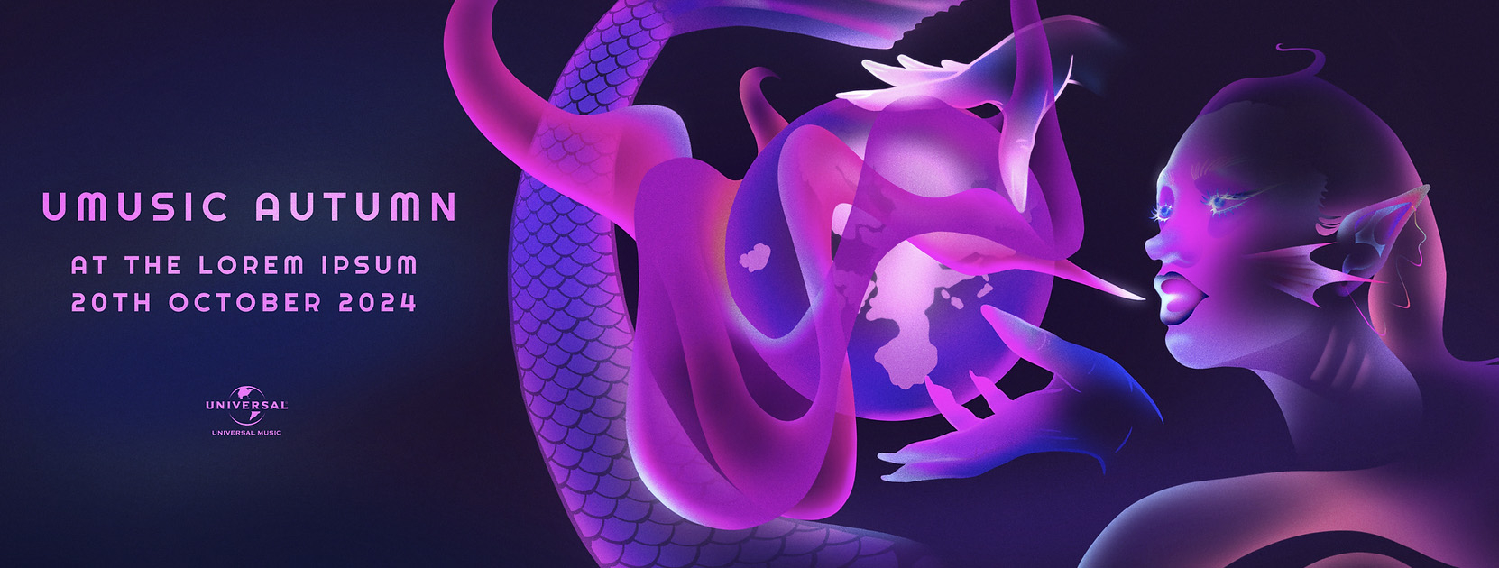 a horizontal banner showing a siren hypnotising the world