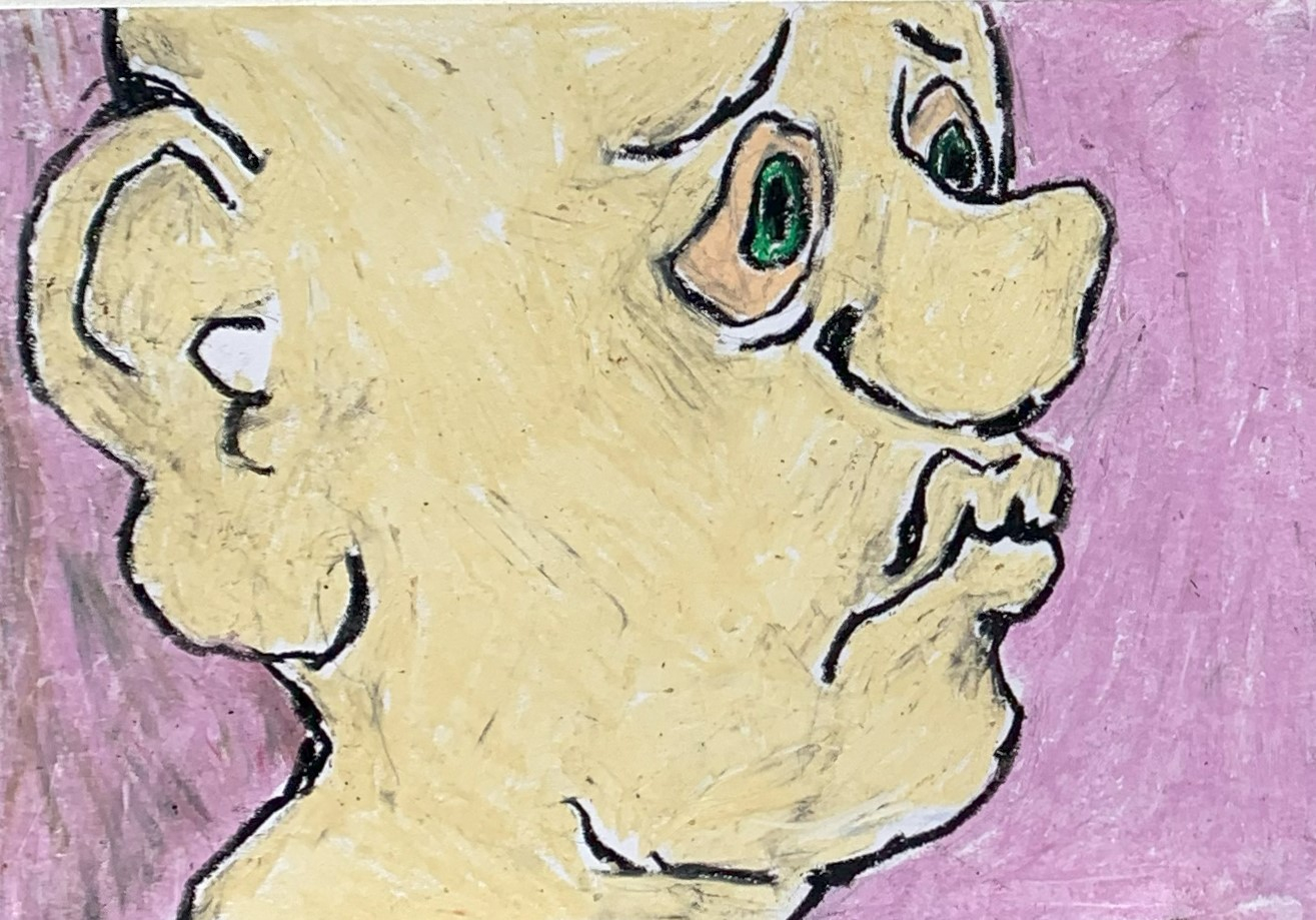 Cream figure on pink backdrop looks worringly towards something unseen.