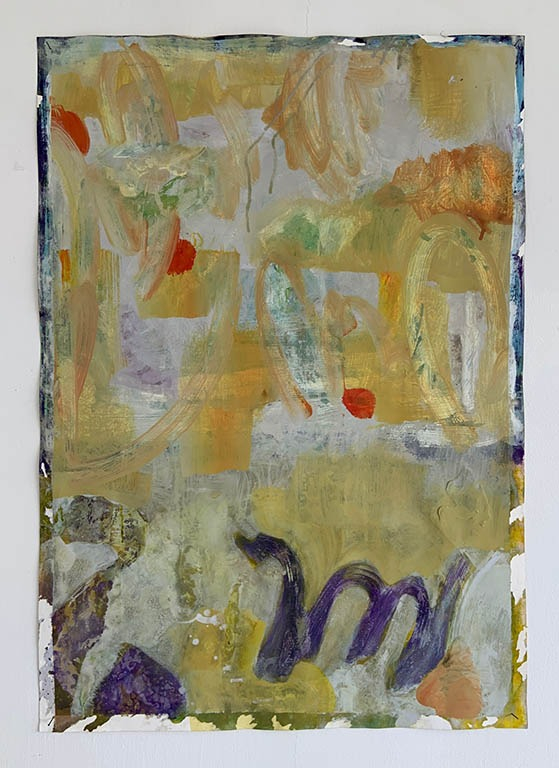 Yellow abstract painting with orange and purple shapes, and purple white and blue border