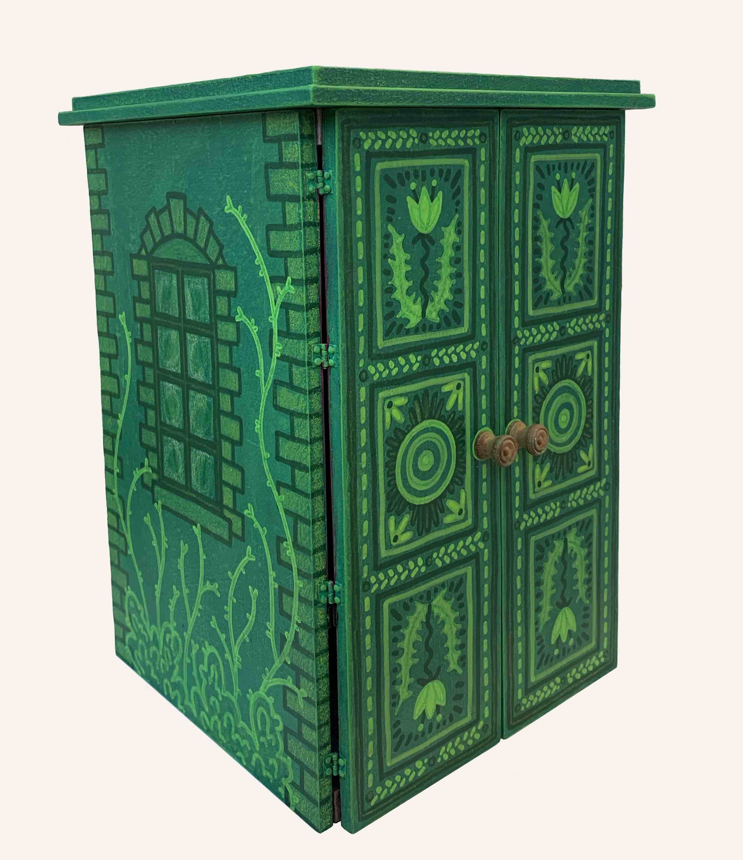 small green painted dollhouse box with 2 front doors and a lid
