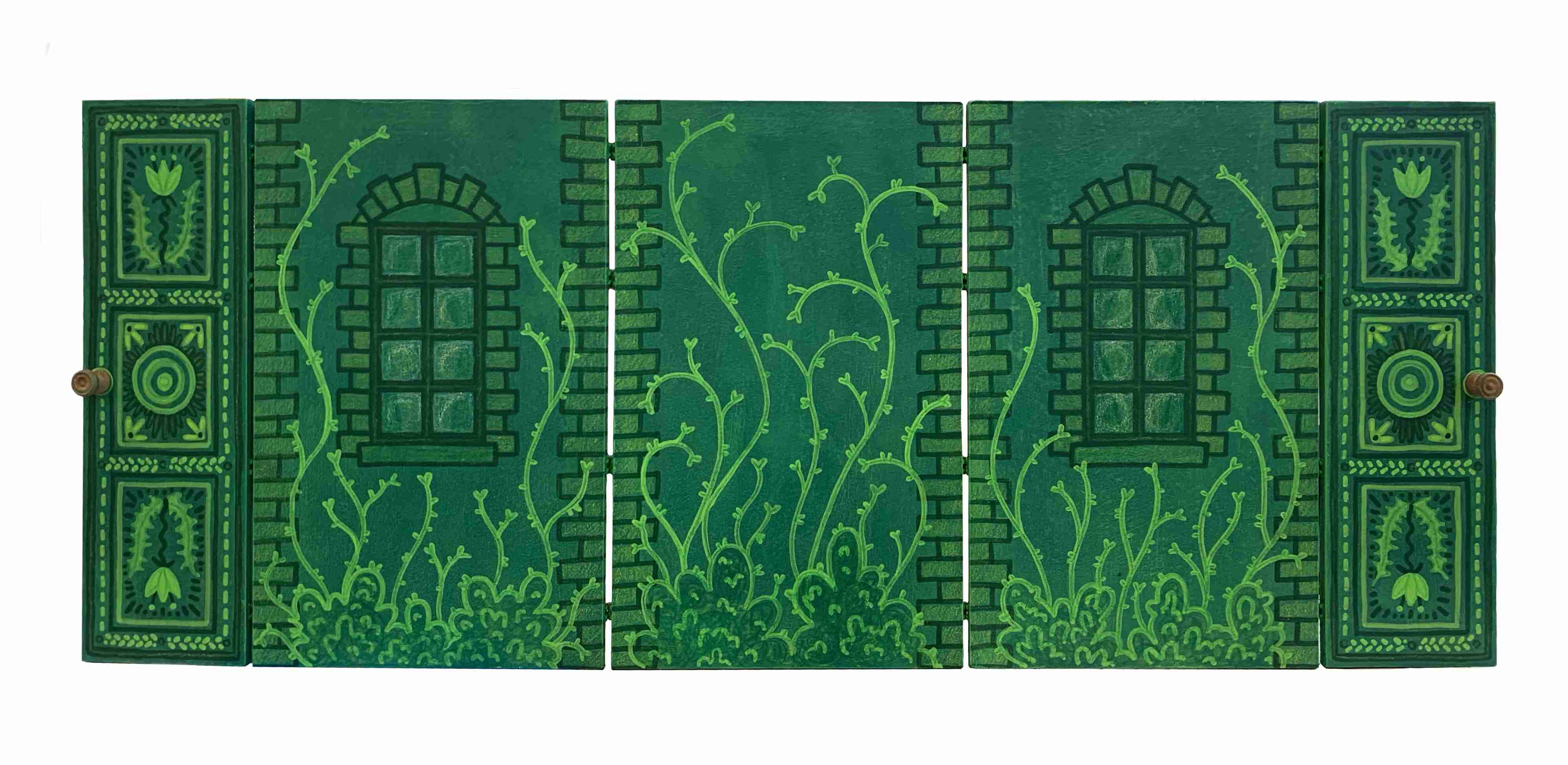 green dollhouse box exterior with walls fully opened