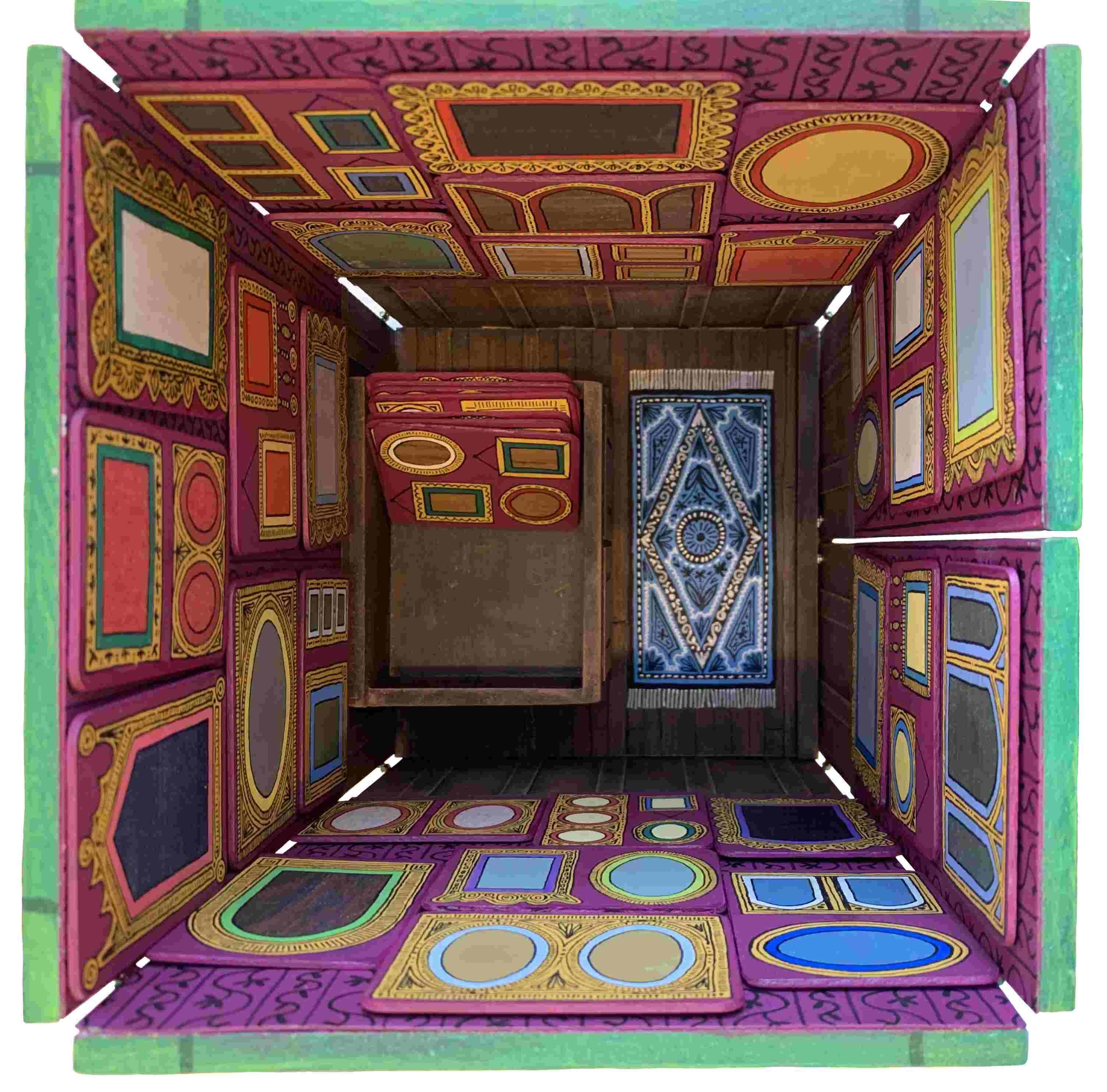 square dollhouse salon interior with wallpaperd walls, and colourful frames displayed, birdseye view.