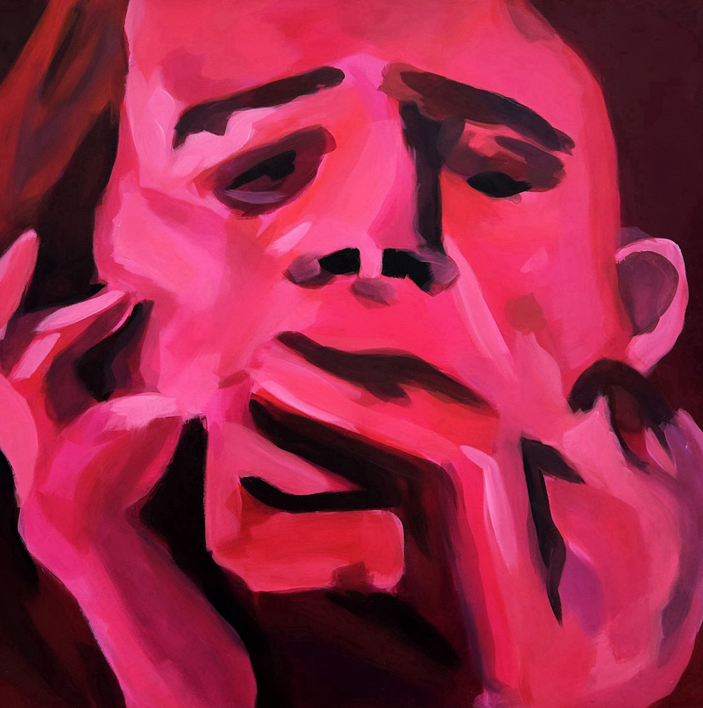 pink figure facing the camera with its hand pulling at it's mouth