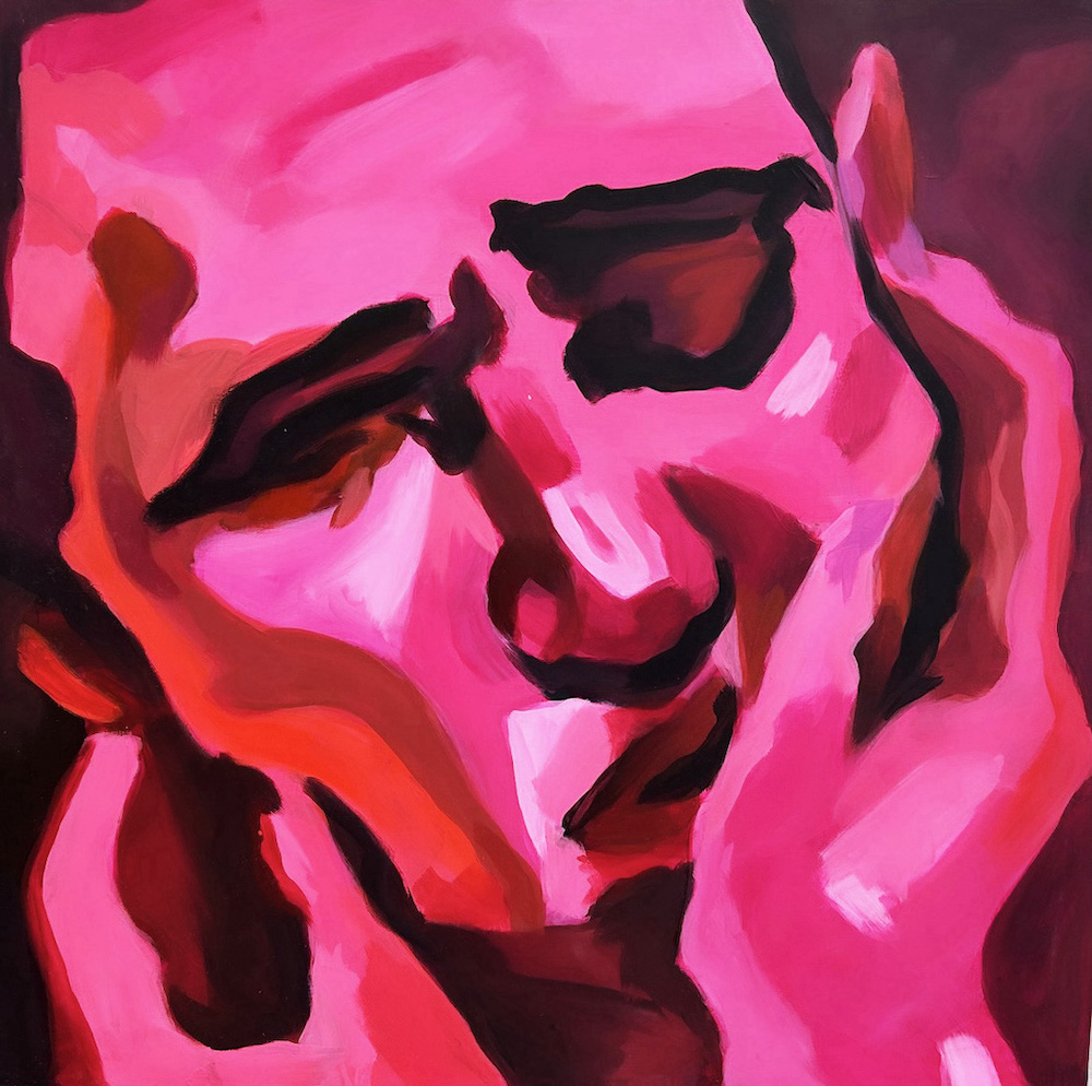 pink figure facing the camera with its hand resting against it's cheeks