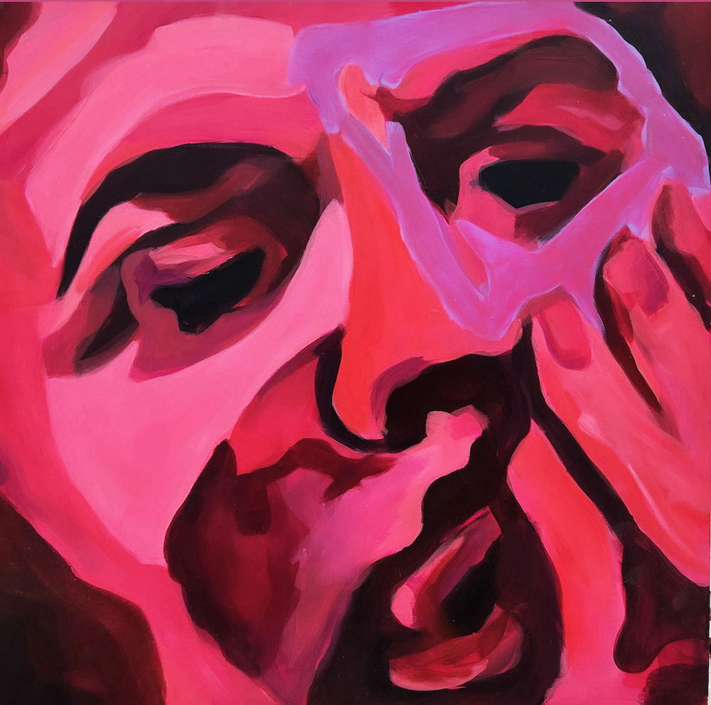 pink figure facing the camera with its hand resting against it's cheeks