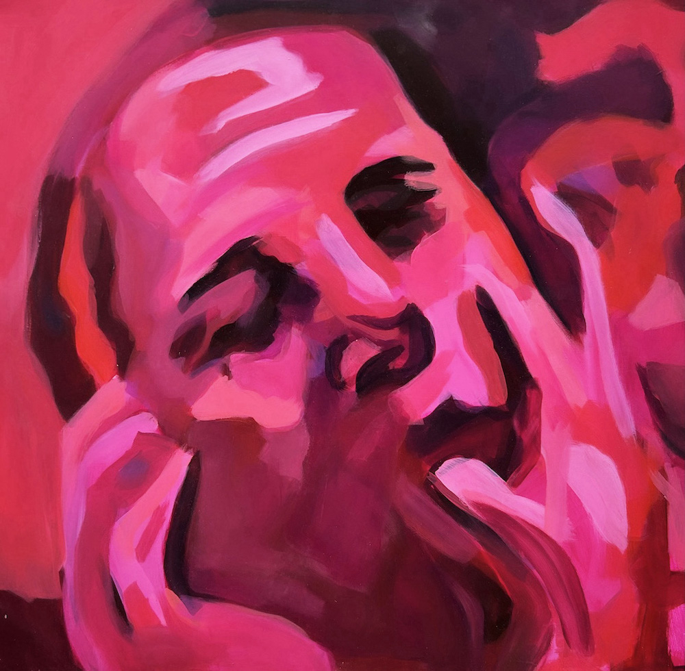 pink figure with it's side profile facing viewer, with its hand pulling at it's mouth