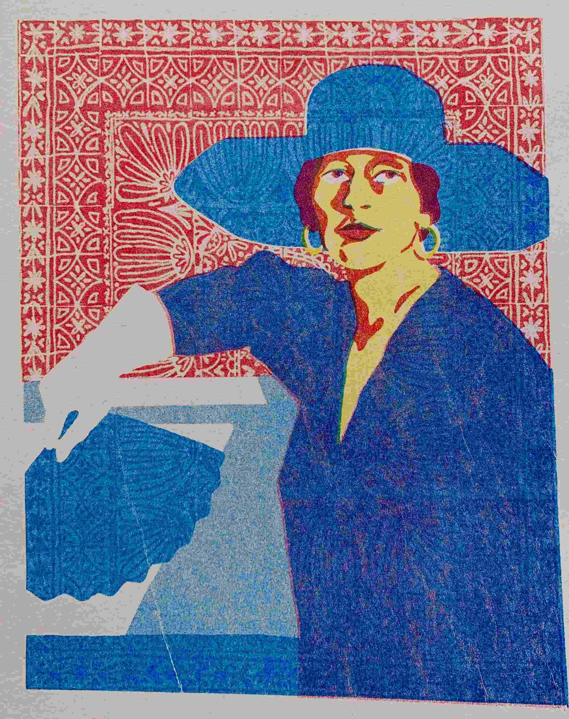 pink yellow and blue Risograph of a lady in a large hat with a fan