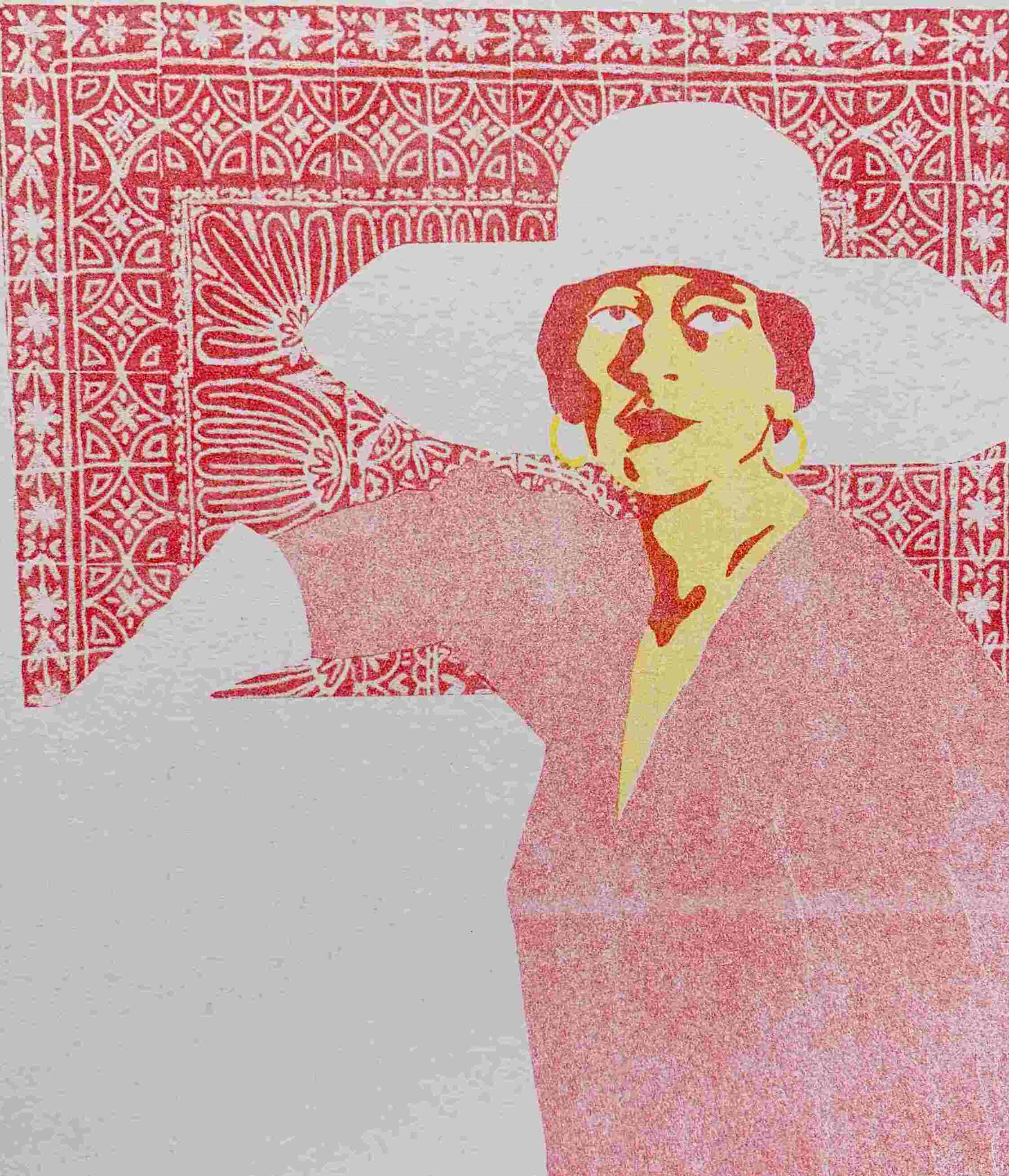 pink and yellow Risograph of a lady in a large hat with a fan