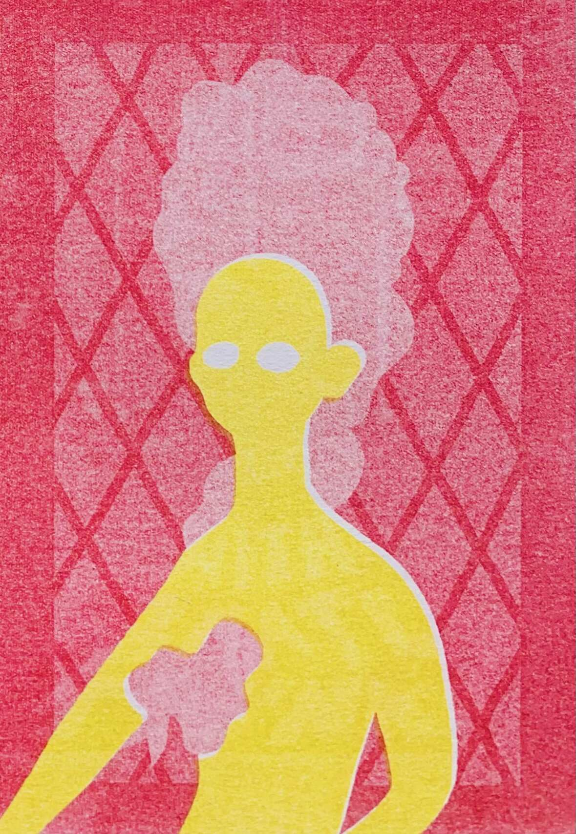 pink and yellow risograph print of a georgian lady